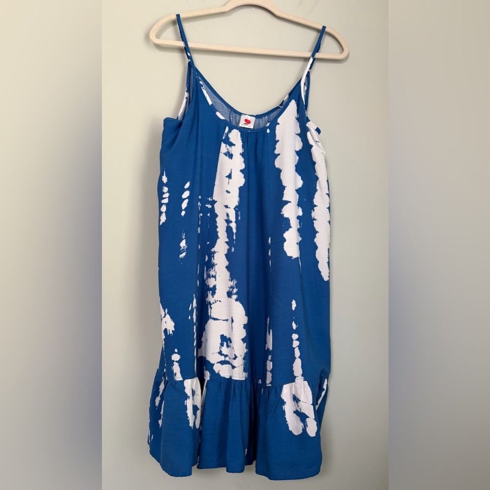 Buenos Ninos Blue and White Tie Dye Spaghetti Strap Slip Dress,‎ Size Large NWT